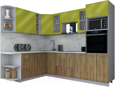 Кухонный гарнитур Интерлиния Мила Gloss 1.88x2.6 левая (яблоко глянец/дуб вотан/травертин серый) - фото