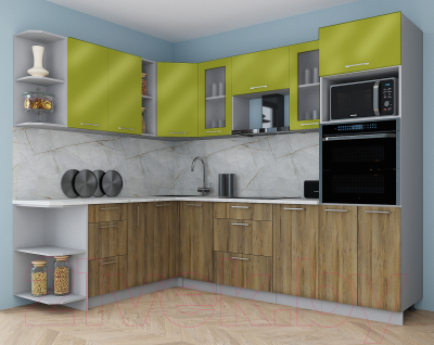 Кухонный гарнитур Интерлиния Мила Gloss 1.88x2.6 левая (яблоко глянец/дуб вотан/травертин серый)