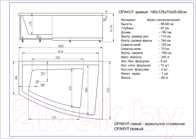 Ванна акриловая Aquatek Оракул 180x125 R (с каркасом и экраном)