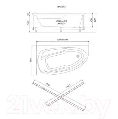 Ванна акриловая 1AcReal Мадрид 150х95 R