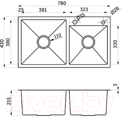 Мойка кухонная AKS Прямоугольная 78x43 правая (черный)