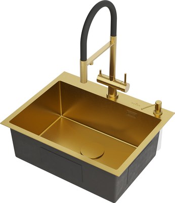 Мойка кухонная Roxen Simple 560220-60G PVD c коландером и дозатором (золото) - фото