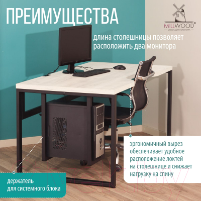 Компьютерный стол Millwood Каир 2 с вырезом 160x80x74.2 (дуб белый Craft/металл черный)