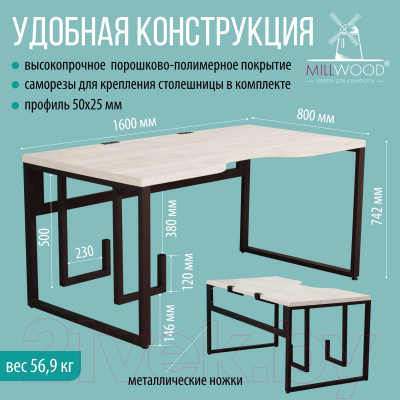Компьютерный стол Millwood Каир 2 с вырезом 160x80x74.2 (дуб белый Craft/металл черный)