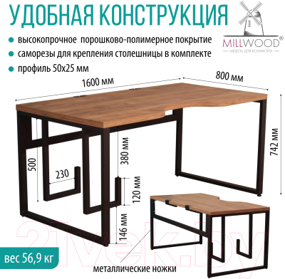 Компьютерный стол Millwood Каир 2 с вырезом 160x80x74.2 (дуб табачный Craft/металл черный)