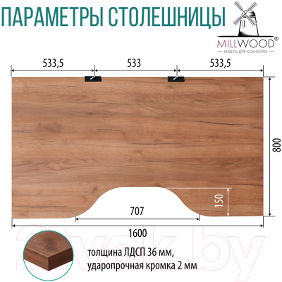 Компьютерный стол Millwood Каир 2 с вырезом 160x80x74.2 (дуб табачный Craft/металл черный)