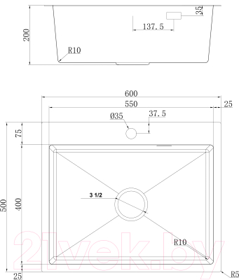 Мойка кухонная Ukinox PRB600.500-GT10C 0CW