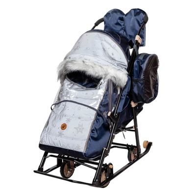 Санки-коляска GalaXy Glory Gloss (сатин темно-синий/светоотражающая ткань) - фото