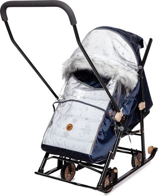 Санки-коляска GalaXy Glory Gloss (сатин темно-синий/светоотражающая ткань)