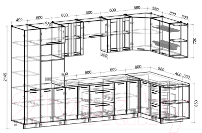 Кухонный гарнитур Интерлиния Мила Пластик 1.68x3.4 правая
