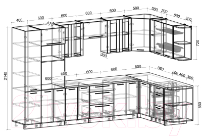 Кухонный гарнитур Интерлиния Мила Пластик 1.88x3.4 правая