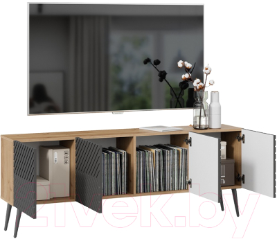 Тумба ТриЯ Танго ТВ тип 1 с опорами (дуб крафт золотой/холст вулкан/серый)