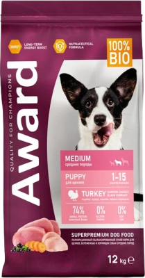 Сухой корм для собак Award Medium Puppy с индейкой и курицей с доб.моркови и ч.смородины - фото