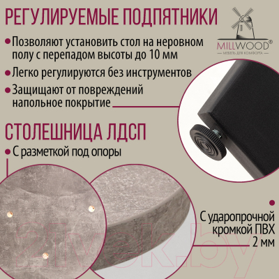 Обеденный стол Millwood Лофт Мюнхен Л 200x100x75 (бетон/металл черный)