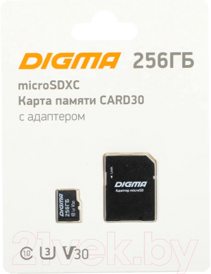 Карта памяти Digma MicroSDXC 256GB Class 10 U3 V30 + SD адаптер / DGFCA256A03 - фото