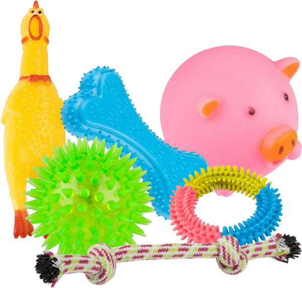 Набор игрушек для собак Рыжий кот Веревка, шар, кольцо, кость, пищалки: свинка и курица - фото