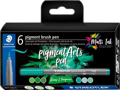Набор капиллярных ручек Staedtler Pigment Brush. Greens&Turquoises / 371 C6-3 - фото