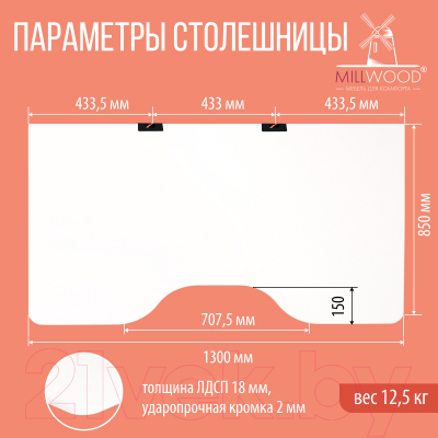 Письменный стол Millwood Каир 1 с вырезом 130x85x75 (белый/металл черный)