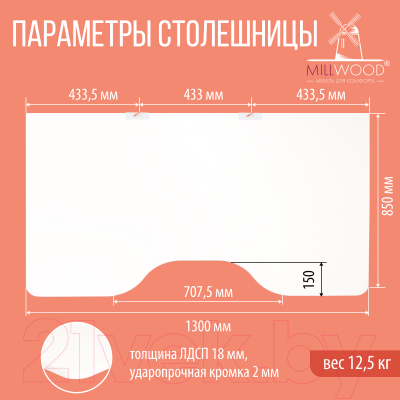 Письменный стол Millwood Каир 1 с вырезом 130x85x75 (белый/металл белый)
