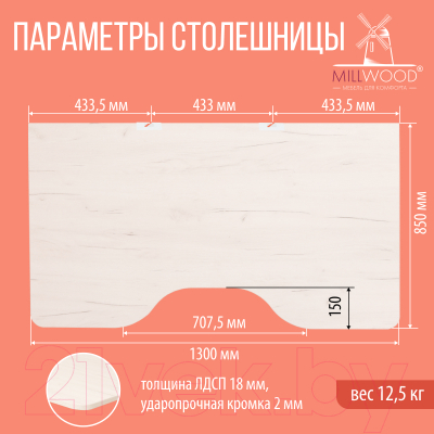 Письменный стол Millwood Каир 1 с вырезом 130x85x75 (дуб белый Craft/металл белый)