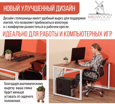 Письменный стол Millwood Каир 1 с вырезом 130x85x75 (дуб табачный Craft/металл белый)