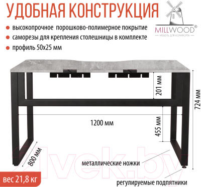 Письменный стол Millwood Каир 1 с вырезом 130x85x75 (бетон/металл черный)