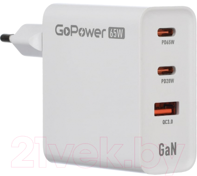 Адаптер питания сетевой GoPower 1USB+2TYPE-C 65W QC3.0 GAN / 00-00028405 - фото