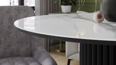 Обеденный стол ТриЯ Айрис тип 1 (черный муар/стекло глянцевое белый мрамор)