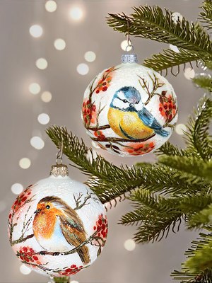Шар новогодний Декарт Синичка на ветке рябины 8Ш0110