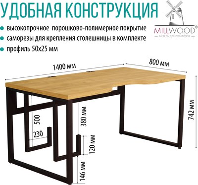 Компьютерный стол Millwood Каир 2 с вырезом 140x80x74.2 (дуб золотой Craft/металл черный)