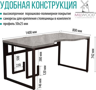 Компьютерный стол Millwood Каир 2 с вырезом 140x80x74.2 (бетон/металл черный)