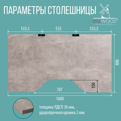 Компьютерный стол Millwood Каир 2 с вырезом 160x80x74.2 (бетон/металл черный)