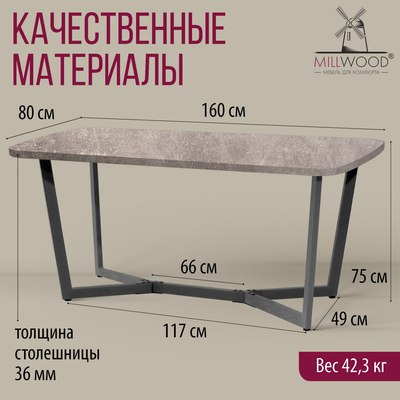 Обеденный стол Millwood Лофт Мюнхен Л 160x80x75