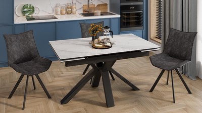 Обеденный стол ТриЯ Дерби Тип 1 (черный муар/керамика матовая белый мрамор)