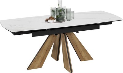 Обеденный стол ТриЯ Палмер Тип 1 (черный муар/дуб галифакс нат/керамика матовая белый мрамор)