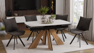 Обеденный стол ТриЯ Палмер Тип 1 (черный муар/дуб галифакс нат/керамика матовая белый мрамор)