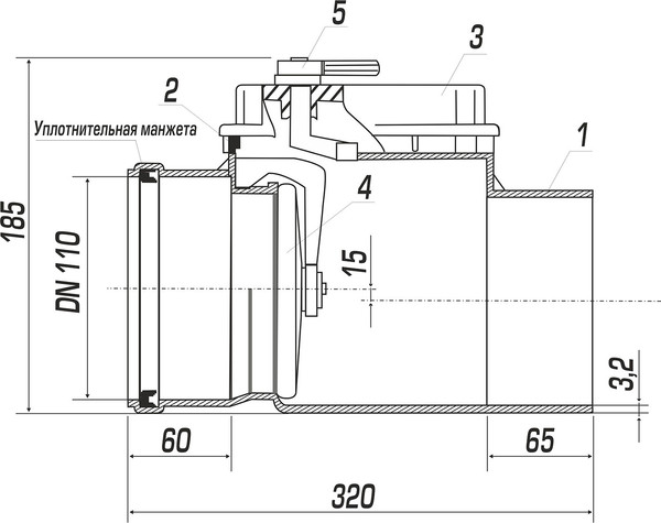 Обратный клапан для внутренней канализации Политэк ТПК 110