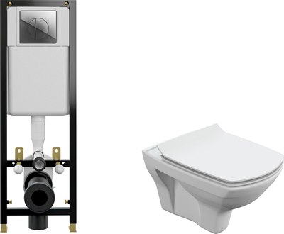 Унитаз подвесной с инсталляцией Cersanit Carina New Clean On с инсталляцией Leon S-IN-BLACK-Cg-w - фото