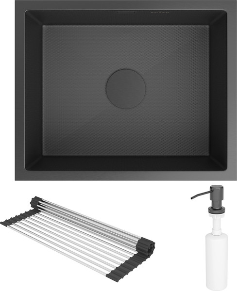 Мойка кухонная Roxen Uno 560210-54BS PVD под столешницу с ролл-матом и дозатором - фото