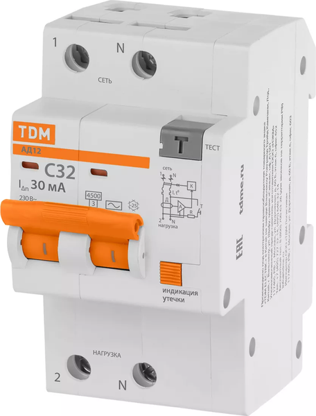 Дифференциальный автомат TDM АД12 2P C32 30мА 4.5кА тип АС 3 мод / SQ0204-0114 - фото