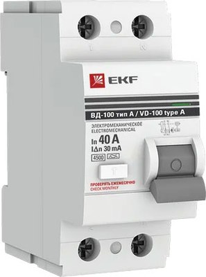 Устройство защитного отключения EKF PROxima ВД-100 2P 40А 30мА тип A / elcb-2-40-30-em-a-pro - фото