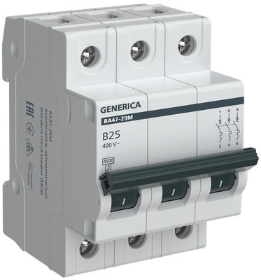 Выключатель автоматический Generica ВА47-29М 3P 25А 4.5кА B / MVA21-3-025-B-G - фото