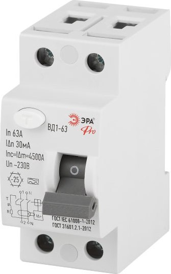 Устройство защитного отключения ЭРА Pro VD12EM63A30 ВД1-63 2P 63А 30мА тип А / Б0063906 - фото