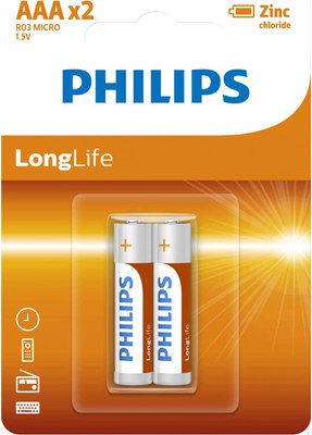 Комплект батареек Philips Longlife Zinc AAA R03L2B - фото