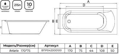 Ванна акриловая Alba Spa Antario 170х75