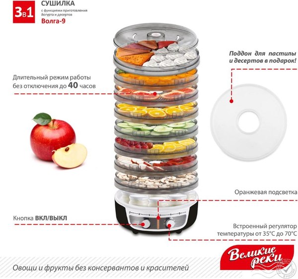 Сушилка для овощей и фруктов Великие Реки Волга-9 3в1