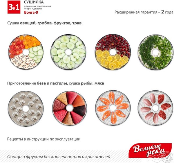Сушилка для овощей и фруктов Великие Реки Волга-9 3в1