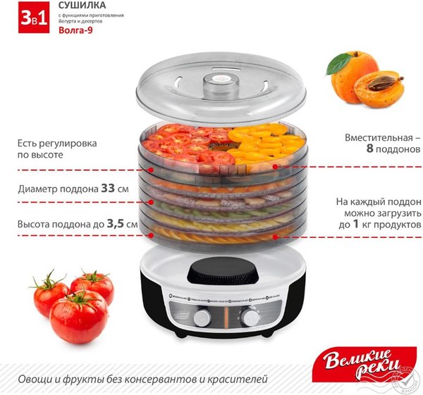 Сушилка для овощей и фруктов Великие Реки Волга-9 3в1