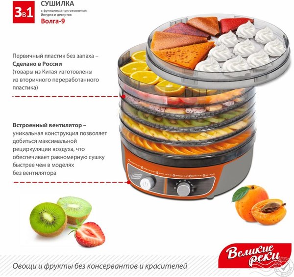 Сушилка для овощей и фруктов Великие Реки Волга-9 3в1