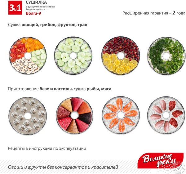 Сушилка для овощей и фруктов Великие Реки Волга-9 3в1